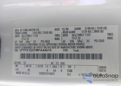 2021 Ford F-150 Xl z USA, uszkodzony, nr VIN 1FTFX1E57MFA44015